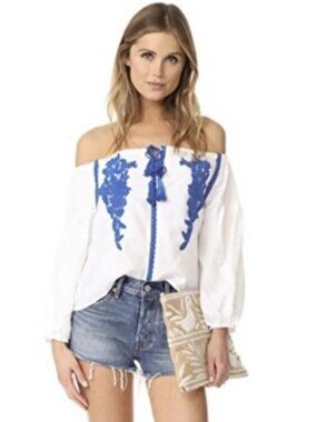 NWT Line & Dot Floral Embroidered Off the Shoulder Peasant Top XS
